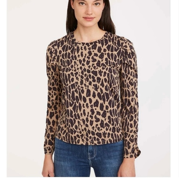 7 For All Mankind Leopard Print Puff Shoulder Long Sleeve Tee Size S - Picture 1 of 11